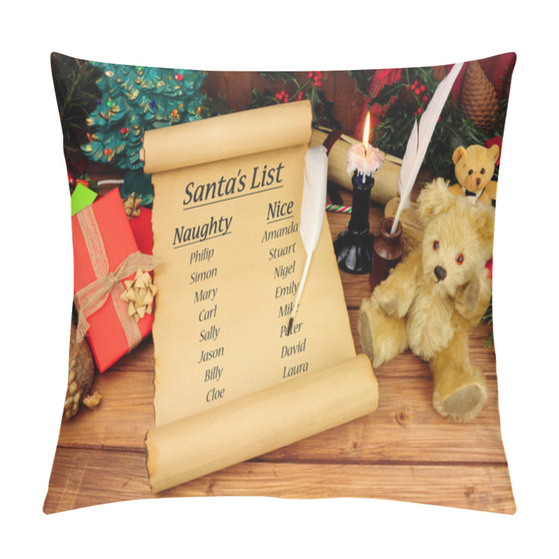 Personality  Santa's Naughty And Nice List On An Old Paper Scroll With A Festive Background Pillow Covers