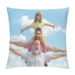 Personality  Fathers Day. Family Man Different Ages On Weekend. Father And Son With Grandfather Raising Hands Or Open Arms Flying. Men Generation. Pillow Covers