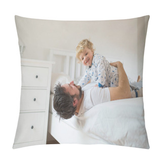 Personality  Father With A Toddler Boy Having Fun In Bedroom At Home At Bedtime. Pillow Covers