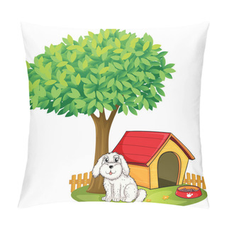 Personality  A White Puppy Beside A Doghouse Under A Big Tree Pillow Covers