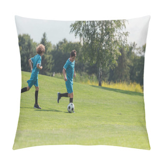 Personality  Friends In Blue Sportswear Playing Football On Green Grass  Pillow Covers