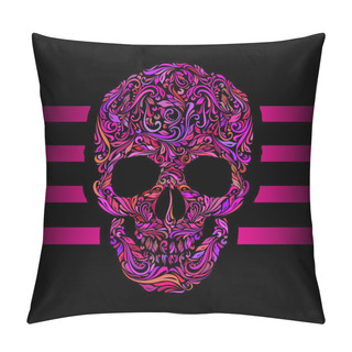 Personality  Floral Pattern Of Form Color Skull. Pink Stripes. Emo On Black Pillow Covers