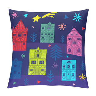 Personality  Merry Cristmas Star Seasons Greeting Banner. Christmas Tree Colorful Houses Buildings Facades Stars Snowflakes. New Year City Landscape Design Pattern. Pillow Covers