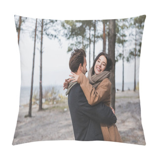 Personality  Excited Woman In Autumn Coat Hugging Man While Walking In Autumn Forest Near River Pillow Covers