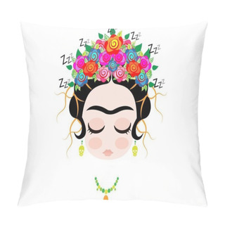 Personality  Frida Kahlo Cartoon, Emoji Baby Frida Sleeping Portrait With Crown Of Colorful Flowers, Vector Isolated  Pillow Covers