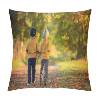 Personality  Two Children, Boys, Walking On The Edge Of A Lake On A Sunny Aut Pillow Covers