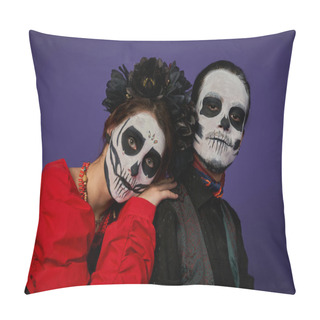 Personality  Woman In Sugar Skull Makeup And Black Wreath Leaning On Shoulder Of Eerie Man On Blue, Day Of Dead Pillow Covers