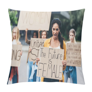 Personality  Front View Of Screaming African American Feminist Holding Placard With Inscription The Future Is Female On Street Pillow Covers