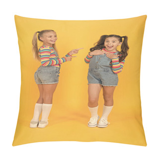 Personality  Best Friends. Modern Fashion. Kids Fashion. Little Girls Wearing Rainbow Clothes. Happiness. Girls Long Hair. Cute Children Same Outfits Communicating. Trendy And Fancy. Emotional Kids. Fashion Shop Pillow Covers