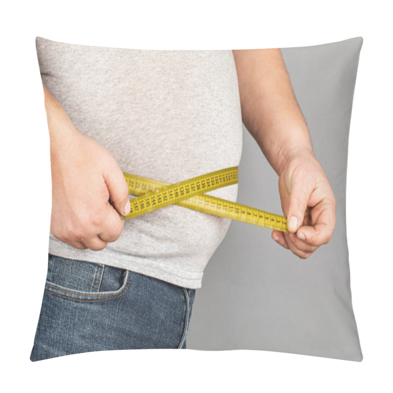 Personality  A Man Measures His Fat Belly With A Measuring Tape. On A Gray Ba Pillow Covers