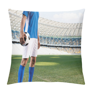 Personality  Cropped View Of Professional Soccer Player In Blue And White Uniform With Ball On Football Pitch At Stadium Pillow Covers
