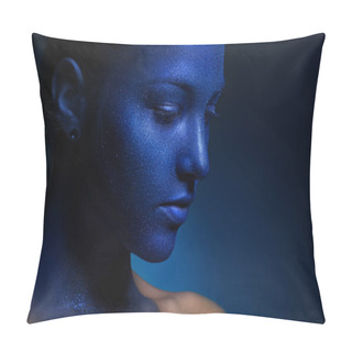 Personality  Beautiful Girl Face Painted With Blue Paint With Glitter. Blue Powder. Pillow Covers