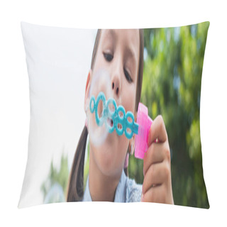Personality  Close Up View Of Girl Blowing Soap Bubbles Outdoors, Banner Pillow Covers