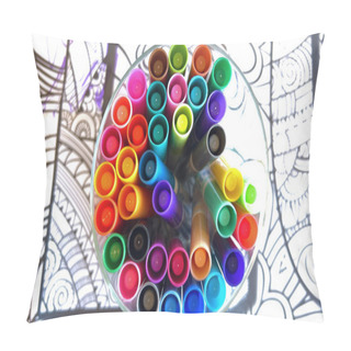Personality  A Kaleidoscopic Collection Of Markers In A Clear Holder, Poised Above A Detailed Line Drawing, Invites A Burst Of Artistic Inspiration. Pillow Covers