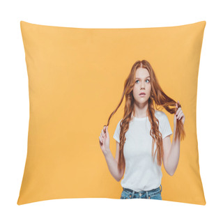 Personality  Beautiful Redhead Girl Touching Hair And Looking Away Isolated On Yellow With Copy Space Pillow Covers