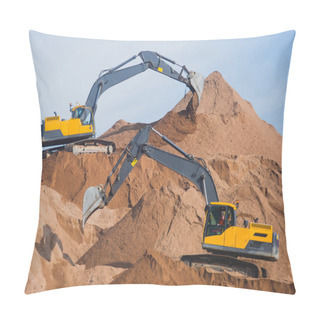 Personality  Yellow Heavy Excavator And Bulldozer Excavating Sand And Working During Road Works, Unloading Sand And Road Metal During Construction Of The New Road Pillow Covers