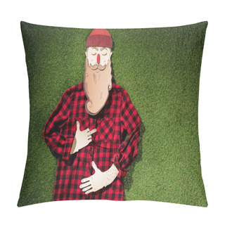 Personality  Top View Of Cardboard Man In Plaid Shirt And Hat With Maple Leaf Showing Middle Finger On Green Grass Background Pillow Covers