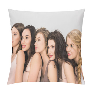 Personality  Pretty Young Women Putting Heads On Shoulders Of Each Other Isolated On Grey  Pillow Covers