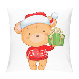 Personality  Merry Christmas. Funny Little Bear. Cute Cartoon Character Bear In Santa Hat Holding Gift Box. Stock Vector Illustration On White Background Pillow Covers