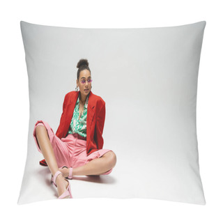 Personality  Fashionable African American Woman In Bold Style Attire And Sunglasses Sitting On Grey Backdrop Pillow Covers