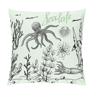 Personality  Hand Drawn Underwater Natural Elements. Sketch Of Reef Corals And Marine Inhabitants. Undersea World Theme Background Pillow Covers