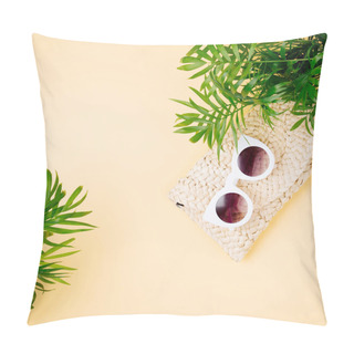 Personality  Tropical Leaves And Beach Bag With Sunglasses On Yellow Background. Top View, Flat Lay. Pillow Covers
