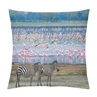 Personality  Two Zebras In The Background Flamingo. Pillow Covers