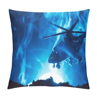 Personality  Battle Scene With Toy Helicopter In Smoke With Moon On Blue Background Pillow Covers