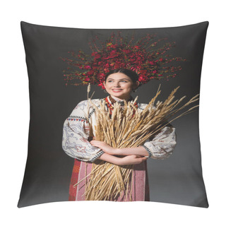 Personality  Happy And Young Ukrainan Woman In Floral Wreath With Red Berries Holding Wheat Spikelets On Black Pillow Covers