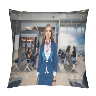 Personality  Stewardess Poses In Airport Waiting Area. Air Hostess In Departure Zone, Flight Attendant In Terminal, Aviatransportations Job Pillow Covers