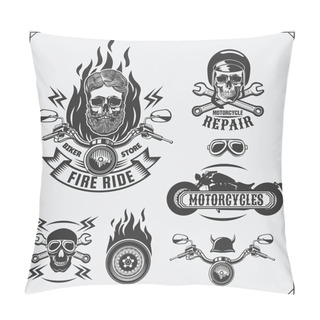 Personality  Collection Of Retro Motorcycle Labels, Emblems, Badges And Design Elements. Vintage Style. Monochrome Design. Pillow Covers
