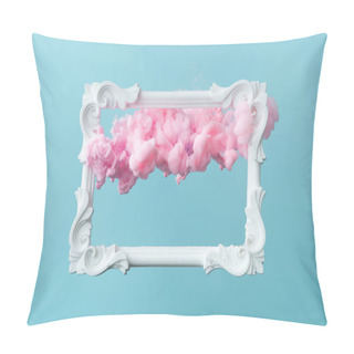 Personality  White Vintage Frame On Pastel Blue Background With Abstract Pink Cloud Shapes. Minimal Border Composition. Pillow Covers