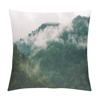 Personality  Thick Fog In Mountains With Copy Space On Mist. Vintage Foggy Landscape Of Majestic Nature In Faded Green Tones In Hipster Style. Opaque Haze Among Hills. Pillow Covers