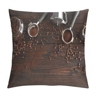 Personality  Top View Of Glass Jar Near Geyser Coffee Maker And Portafilters On Dark Wooden Surface With Coffee Beans Pillow Covers