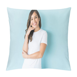 Personality  Smiling Attractive Female Model Posing Against Plain Background Pillow Covers