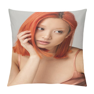 Personality  Portrait Of Charming Young Asian Woman With Perfect Skin  Daydreaming On Grey Backdrop Pillow Covers