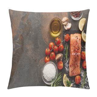 Personality  Top View Of Raw Salmon With Seasoning, Oil, Garlic And Tomatoes On Stone Surface Pillow Covers