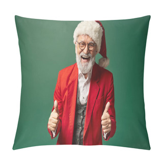 Personality  Jolly Santa Posing On Green Backdrop With Thumbs Up Gesture And Smiling Sincerely, Winter Concept Pillow Covers