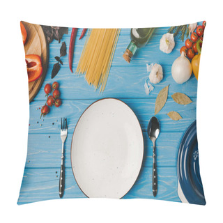 Personality  Top View Of Empty Plate And Ingredients On Blue Table Pillow Covers
