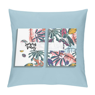 Personality  Tropical Palm Leaves Background. Card Design With Jungle Leaves And Handwritten Lettering Quote - Summer Vibes. Vector Illustration In Trendy Style.  Pillow Covers