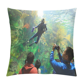 Personality  Tourists Visit The Worlds Biggest Aquarium At Chimelong Ocean Kingdom, The Largest Ocean Theme Park In The World, In Hengqin Island Of Zhuhai City, South Chinas Guangdong Province, 28 January 2014 Pillow Covers