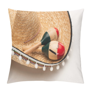 Personality  Close Up View Of Wooden Maracas On Sombrero On White Background Pillow Covers