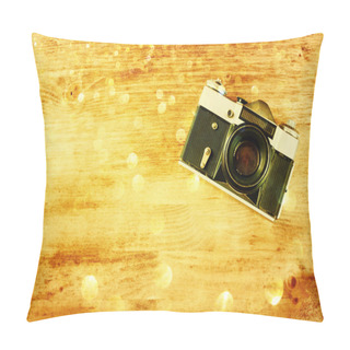 Personality  Vintage Old Camera On Brown Wooden Background. Room For Text. Pillow Covers