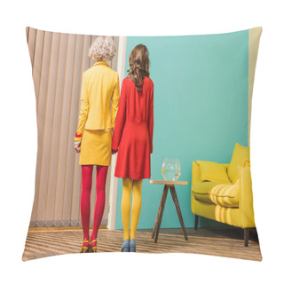 Personality  Back View Of Women In Bright Retro Styled Clothing Holding Hands At Colorful Apartment, Doll House Concept Pillow Covers