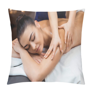Personality  Attractive Young Woman With Closed Eyes Having Massage In Spa  Pillow Covers