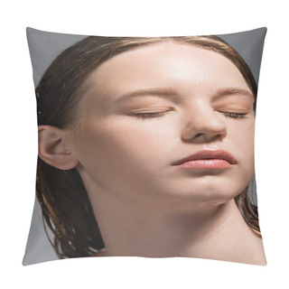 Personality  Portrait Of Young Woman With Wet Skin Closing Eyes Isolated On Grey  Pillow Covers
