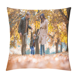 Personality  Young Family Having Fun In The Autumn Park With His Son. Pillow Covers