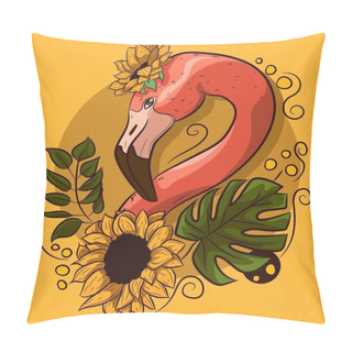 Personality  Floral Vectorial Drawing With A Flamingo Neck With Flowers. Exotic Bird With Palm Monstera Leaves And Yellow Sunflowers. Pillow Covers