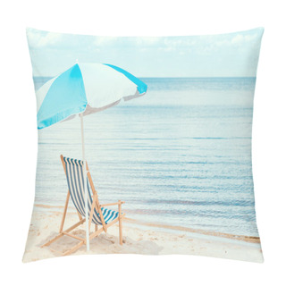 Personality  Sun Umbrella And Beach Chair On Sandy Shore Near The Sea Pillow Covers