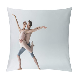 Personality  Full Length Of Shirtless Man And Young Woman In Bodysuit Performing Ballet Dance On Grey Pillow Covers
